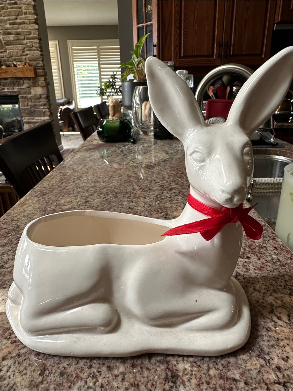 White Ceramic Deer Plant Pot/Figurine with Red Ribbon - Decorative Home Accent